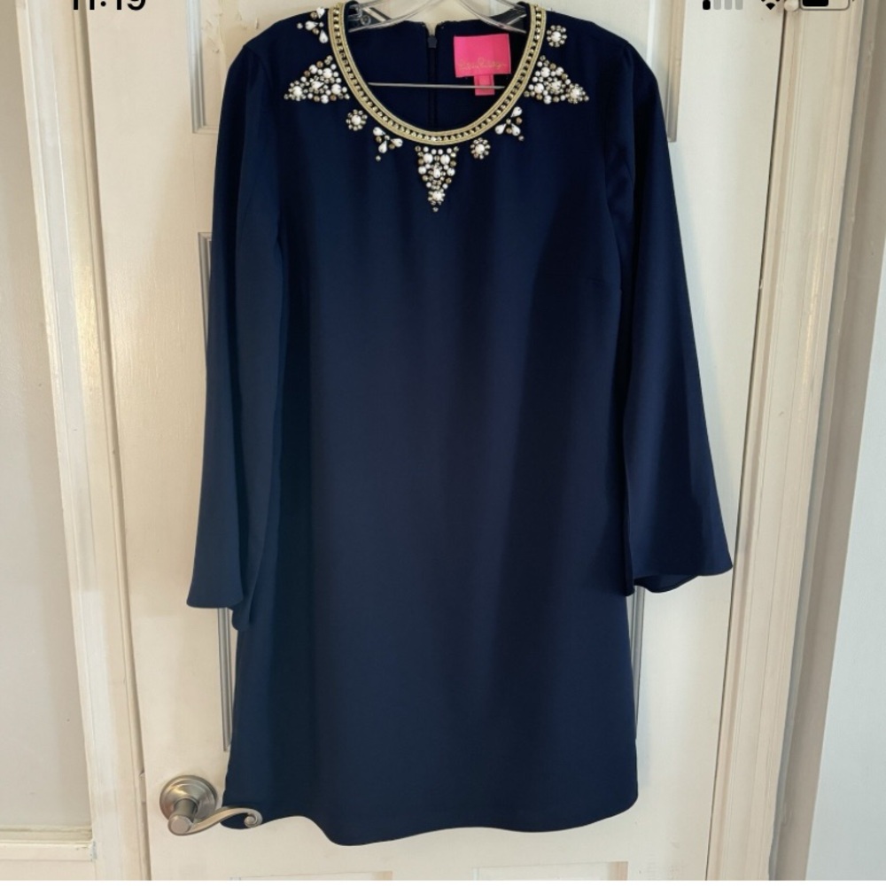 Navy Blue Dress with Embellished Neckline